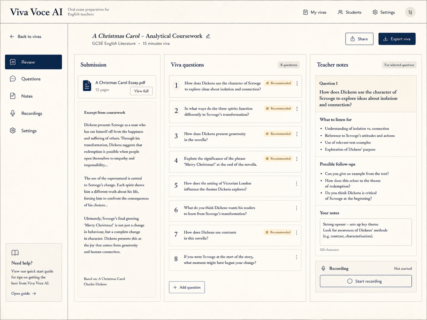 Screenshot of the Viva Voce AI submission review workspace